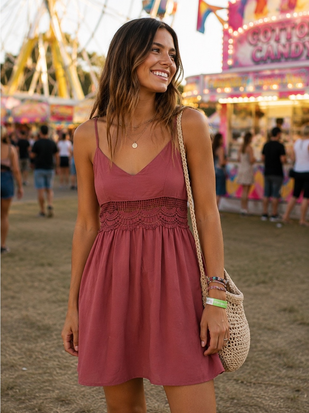 Boho Rayon Blend Spaghetti Strap Dusty Rose Mini Dress W/Crochet Size Juniors Sm